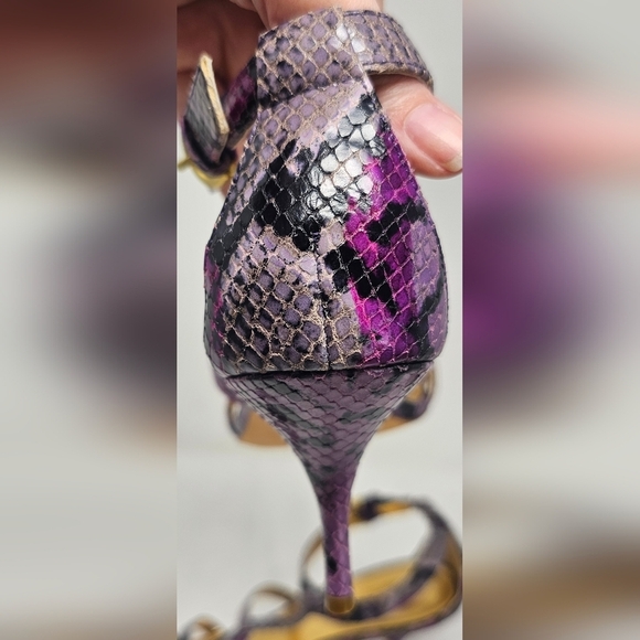 Coach Hayden Leather Violet Pink Blk Python Print Open Toe T-Strap Heels Size 7B - Picture 9 of 16